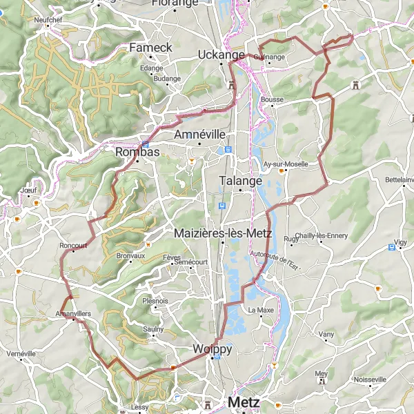 Miniature de la carte de l'inspiration cycliste "Reinange - Bertrange" dans la Lorraine, France. Générée par le planificateur d'itinéraire cycliste Tarmacs.app
