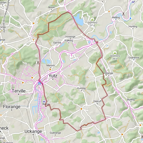 Miniature de la carte de l'inspiration cycliste "Volstroff - Metzervisse" dans la Lorraine, France. Générée par le planificateur d'itinéraire cycliste Tarmacs.app