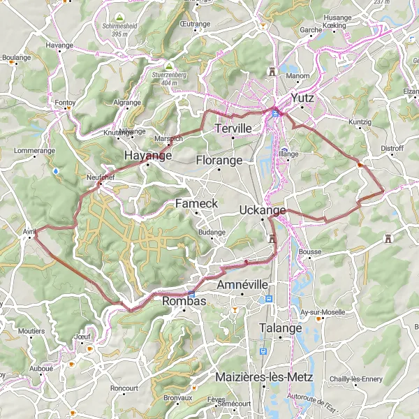 Miniature de la carte de l'inspiration cycliste "Parcours de gravier autour de Volstroff" dans la Lorraine, France. Générée par le planificateur d'itinéraire cycliste Tarmacs.app