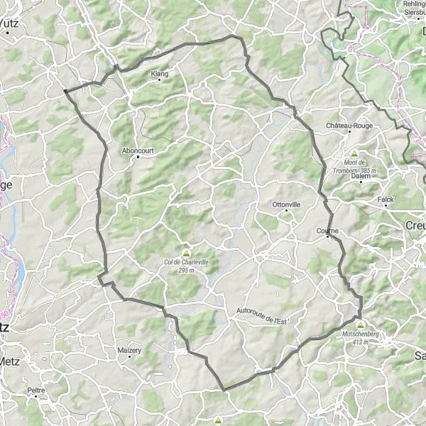 Miniature de la carte de l'inspiration cycliste "Volstroff - Bettelainville" dans la Lorraine, France. Générée par le planificateur d'itinéraire cycliste Tarmacs.app