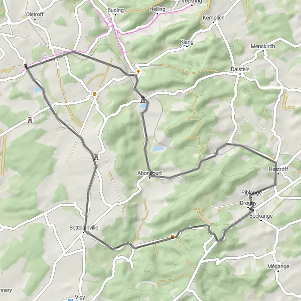 Miniature de la carte de l'inspiration cycliste "Balade à vélo sur route près de Volstroff" dans la Lorraine, France. Générée par le planificateur d'itinéraire cycliste Tarmacs.app