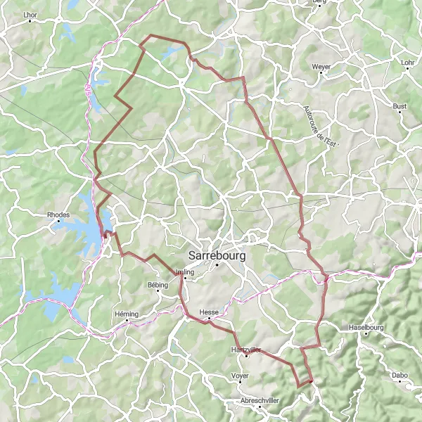 Miniature de la carte de l'inspiration cycliste "Itinéraire nature vers Arzviller" dans la Lorraine, France. Générée par le planificateur d'itinéraire cycliste Tarmacs.app