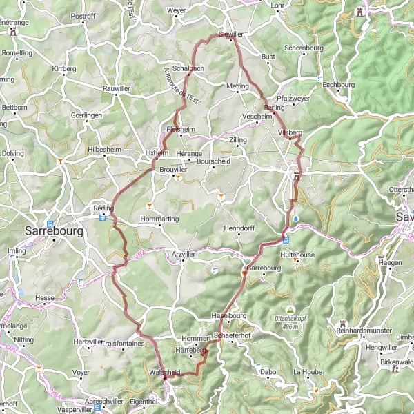 Miniature de la carte de l'inspiration cycliste "Parcours de gravel autour de Walscheid" dans la Lorraine, France. Générée par le planificateur d'itinéraire cycliste Tarmacs.app