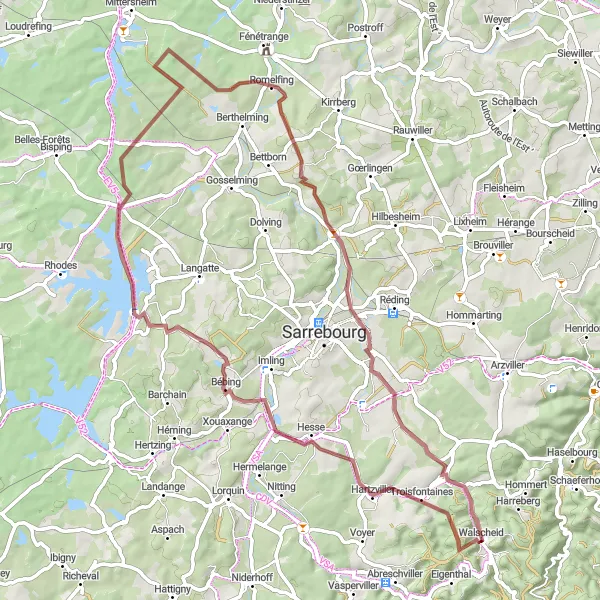 Miniature de la carte de l'inspiration cycliste "Boucle en gravel vers Bébing" dans la Lorraine, France. Générée par le planificateur d'itinéraire cycliste Tarmacs.app