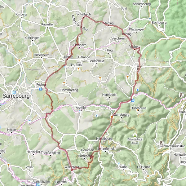 Miniature de la carte de l'inspiration cycliste "Aventure gravel à travers les Vosges" dans la Lorraine, France. Générée par le planificateur d'itinéraire cycliste Tarmacs.app
