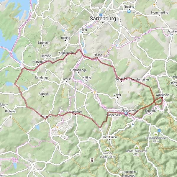 Miniature de la carte de l'inspiration cycliste "Parcours à travers la forêt d'Abreschviller" dans la Lorraine, France. Générée par le planificateur d'itinéraire cycliste Tarmacs.app