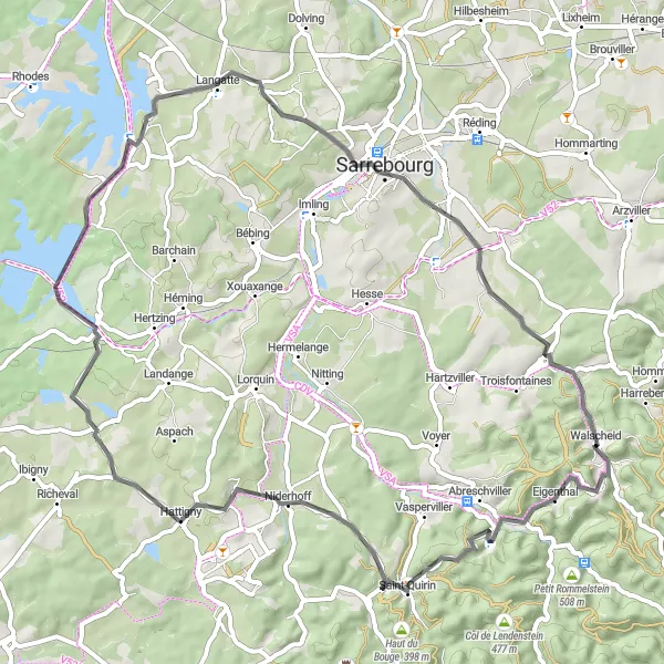 Miniature de la carte de l'inspiration cycliste "Parcours pittoresque à travers les villages lorrains" dans la Lorraine, France. Générée par le planificateur d'itinéraire cycliste Tarmacs.app