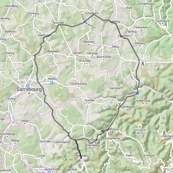 Miniature de la carte de l'inspiration cycliste "Balade bucolique à travers la campagne lorraine" dans la Lorraine, France. Générée par le planificateur d'itinéraire cycliste Tarmacs.app