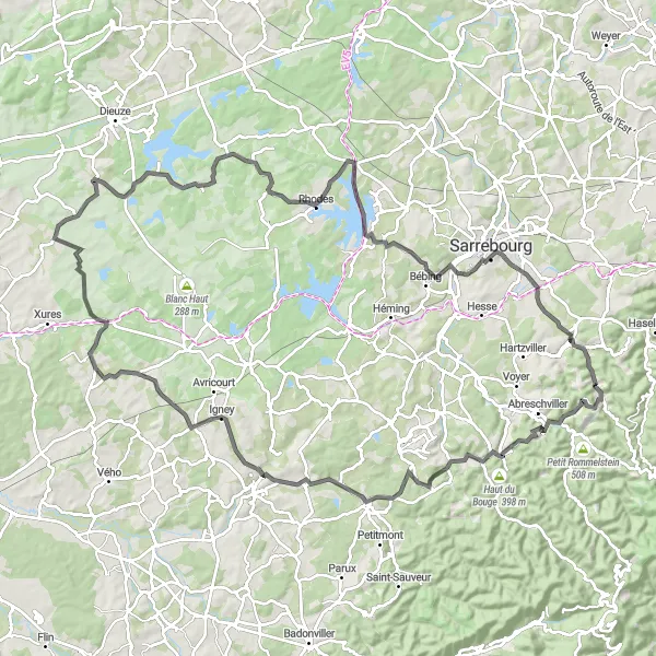 Miniature de la carte de l'inspiration cycliste "Exploration des vallées et des collines de Lorraine" dans la Lorraine, France. Générée par le planificateur d'itinéraire cycliste Tarmacs.app