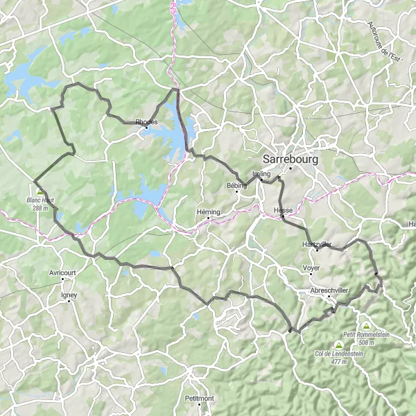 Map miniature of "Master the Rolling Hills" cycling inspiration in Lorraine, France. Generated by Tarmacs.app cycling route planner