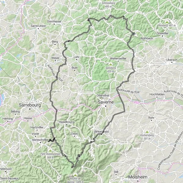 Miniature de la carte de l'inspiration cycliste "Parcours panoramique Kaltenberg - Château de Birkenwald" dans la Lorraine, France. Générée par le planificateur d'itinéraire cycliste Tarmacs.app