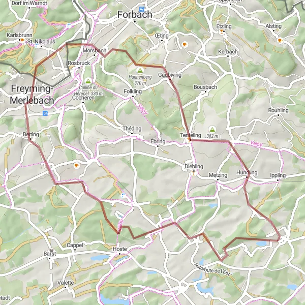 Miniature de la carte de l'inspiration cycliste "Tour de la Vallée de la Blies" dans la Lorraine, France. Générée par le planificateur d'itinéraire cycliste Tarmacs.app