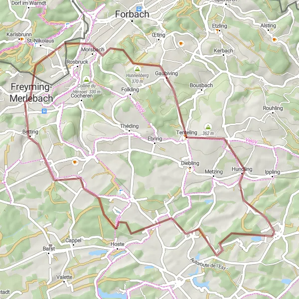 Map miniature of "The Gravel Adventure" cycling inspiration in Lorraine, France. Generated by Tarmacs.app cycling route planner