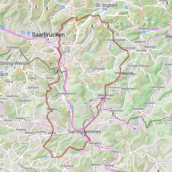 Miniature de la carte de l'inspiration cycliste "Circuit des Collines de la Sarre" dans la Lorraine, France. Générée par le planificateur d'itinéraire cycliste Tarmacs.app