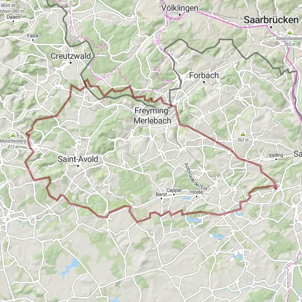 Miniature de la carte de l'inspiration cycliste "Boucle des Etangs Lorrains" dans la Lorraine, France. Générée par le planificateur d'itinéraire cycliste Tarmacs.app