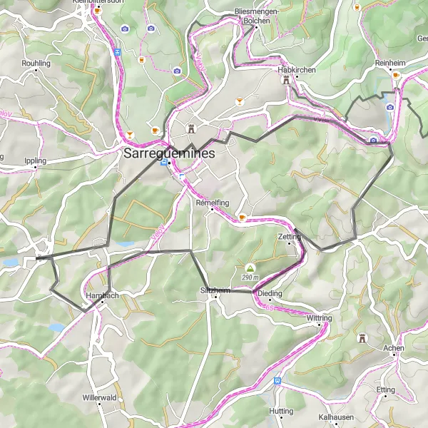 Map miniature of "Blies-Ébersing and Neufgrange Road Route" cycling inspiration in Lorraine, France. Generated by Tarmacs.app cycling route planner