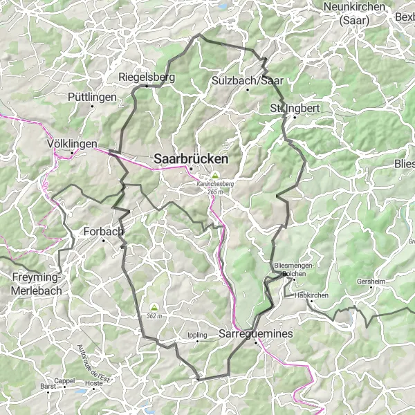 Miniature de la carte de l'inspiration cycliste "Parcours des Collines Mosellanes" dans la Lorraine, France. Générée par le planificateur d'itinéraire cycliste Tarmacs.app