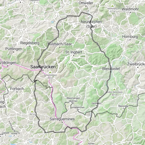 Map miniature of "Kerbach to Neunkirchen Road Route" cycling inspiration in Lorraine, France. Generated by Tarmacs.app cycling route planner