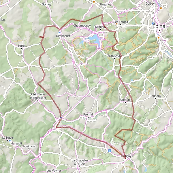 Miniature de la carte de l'inspiration cycliste "Au coeur des Vosges sauvages" dans la Lorraine, France. Générée par le planificateur d'itinéraire cycliste Tarmacs.app