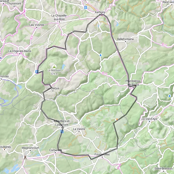 Map miniature of "The Plombières-les-Bains Route" cycling inspiration in Lorraine, France. Generated by Tarmacs.app cycling route planner