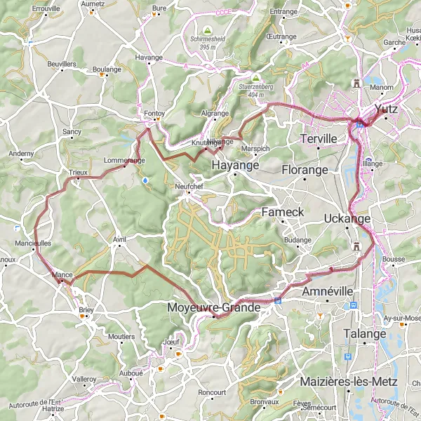Miniature de la carte de l'inspiration cycliste "Les Vallées Minières" dans la Lorraine, France. Générée par le planificateur d'itinéraire cycliste Tarmacs.app