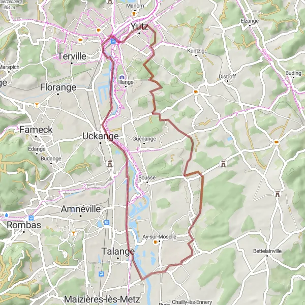 Miniature de la carte de l'inspiration cycliste "Circuit autour de Bertrange" dans la Lorraine, France. Générée par le planificateur d'itinéraire cycliste Tarmacs.app