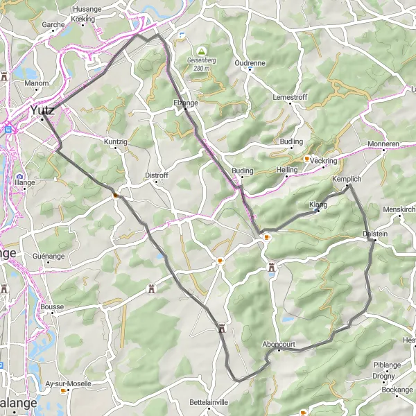 Miniature de la carte de l'inspiration cycliste "Les Vignobles de la Moselle" dans la Lorraine, France. Générée par le planificateur d'itinéraire cycliste Tarmacs.app