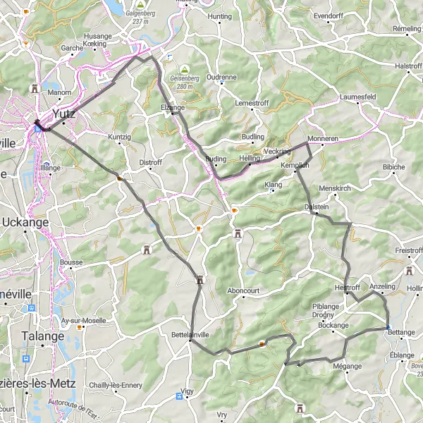 Miniature de la carte de l'inspiration cycliste "Parcours entre Yutz et Thionville" dans la Lorraine, France. Générée par le planificateur d'itinéraire cycliste Tarmacs.app