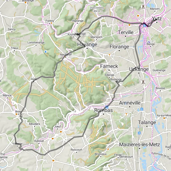 Miniature de la carte de l'inspiration cycliste "Les Vallées Verdoyantes" dans la Lorraine, France. Générée par le planificateur d'itinéraire cycliste Tarmacs.app