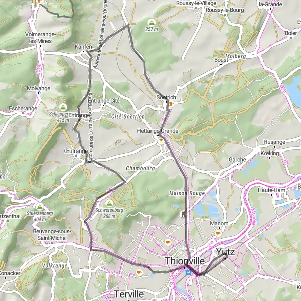 Miniature de la carte de l'inspiration cycliste "Les Collines de la Moselle" dans la Lorraine, France. Générée par le planificateur d'itinéraire cycliste Tarmacs.app
