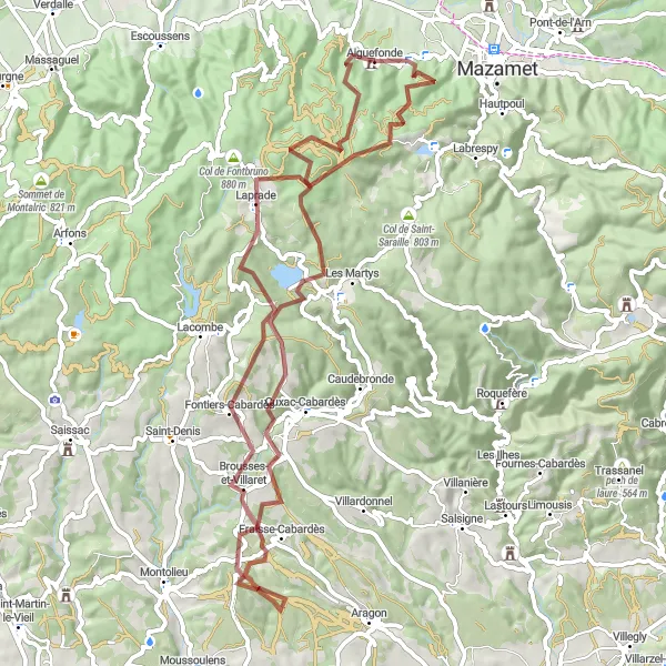 Zemljevid v pomanjšavi "Pot po makadamu od Aussillon do Château d'Aiguefonde" kolesarske inspiracije v Midi-Pyrénées, France. Generirano z načrtovalcem kolesarskih poti Tarmacs.app