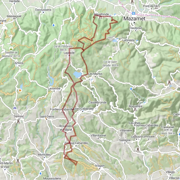 Karttaminiaatyyri "Pyöräilyreitti Aiguefonden lähistöllä - sora" pyöräilyinspiraatiosta alueella Midi-Pyrénées, France. Luotu Tarmacs.app pyöräilyreittisuunnittelijalla