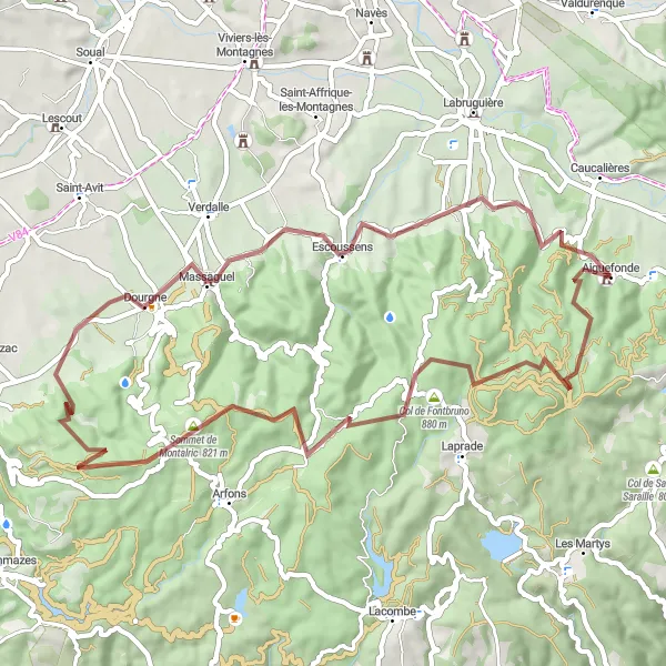 Mapa miniatúra "Gravel Route to Château d'Aiguefonde" cyklistická inšpirácia v Midi-Pyrénées, France. Vygenerované cyklistickým plánovačom trás Tarmacs.app