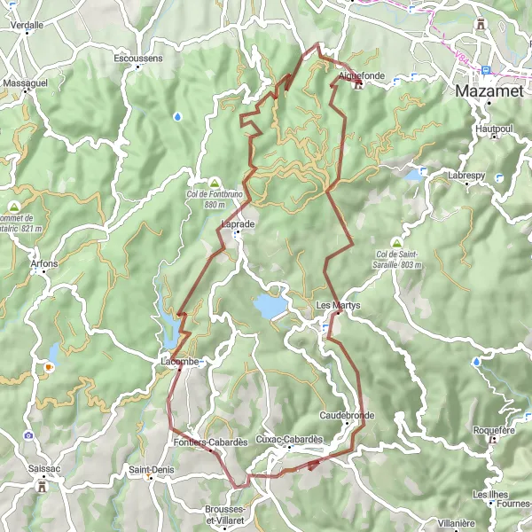 Zemljevid v pomanjšavi "Pustolovščina po hribih okoli Aiguefonde" kolesarske inspiracije v Midi-Pyrénées, France. Generirano z načrtovalcem kolesarskih poti Tarmacs.app