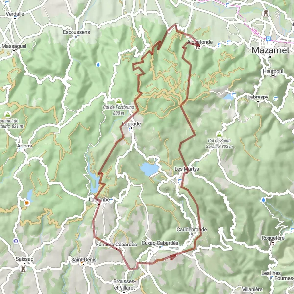 Miniatuurkaart van de fietsinspiratie "Gravelroute door Caudebronde en Lacombe" in Midi-Pyrénées, France. Gemaakt door de Tarmacs.app fietsrouteplanner