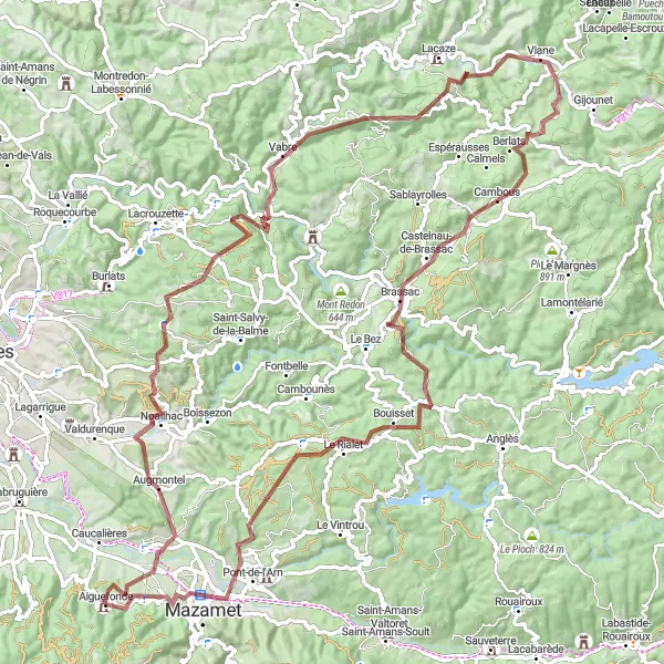 Miniaturekort af cykelinspirationen "Grusveje fra Aiguefonde til Aude-dalen" i Midi-Pyrénées, France. Genereret af Tarmacs.app cykelruteplanlægger