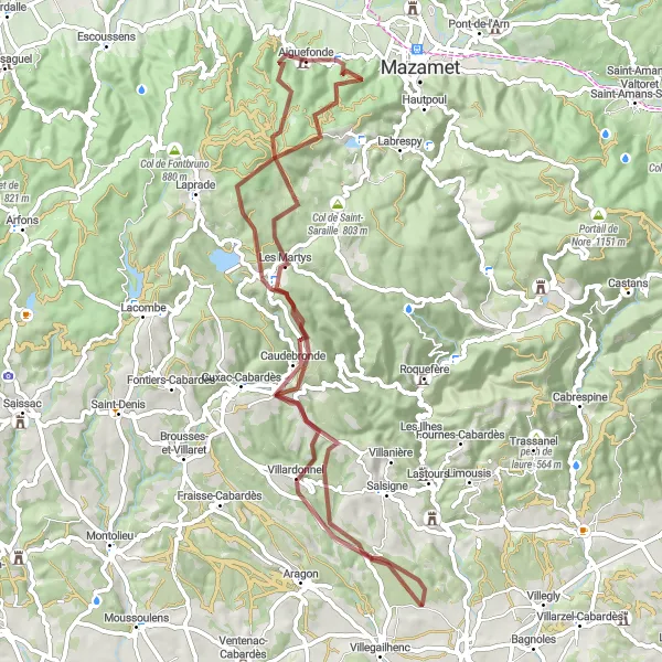 Miniatuurkaart van de fietsinspiratie "Gravelroute door Aussillon en Les Martys" in Midi-Pyrénées, France. Gemaakt door de Tarmacs.app fietsrouteplanner