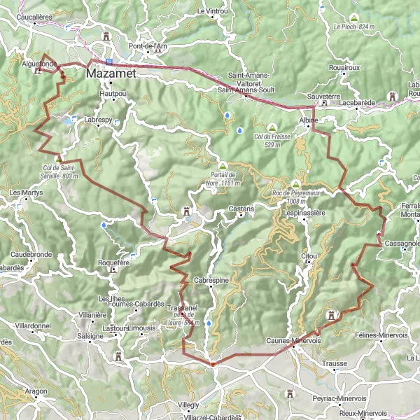 Map miniature of "The Gravel Adventure: Mazamet and Beyond" cycling inspiration in Midi-Pyrénées, France. Generated by Tarmacs.app cycling route planner