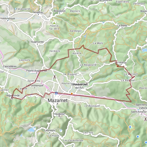 Mapa miniatúra "Gravel route around Aiguefonde" cyklistická inšpirácia v Midi-Pyrénées, France. Vygenerované cyklistickým plánovačom trás Tarmacs.app