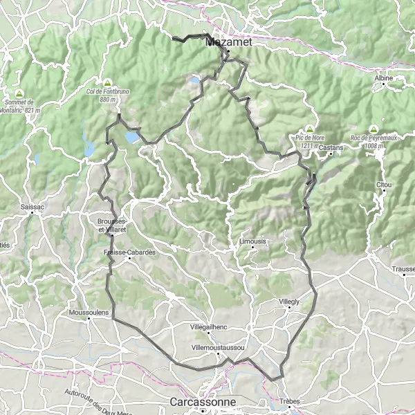 Map miniature of "Mazamet and the Col de la Prade Circuit" cycling inspiration in Midi-Pyrénées, France. Generated by Tarmacs.app cycling route planner