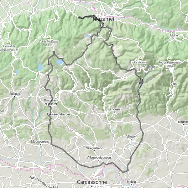 Karttaminiaatyyri "Pyöräilyreitti Mazametista Aussilloniin" pyöräilyinspiraatiosta alueella Midi-Pyrénées, France. Luotu Tarmacs.app pyöräilyreittisuunnittelijalla