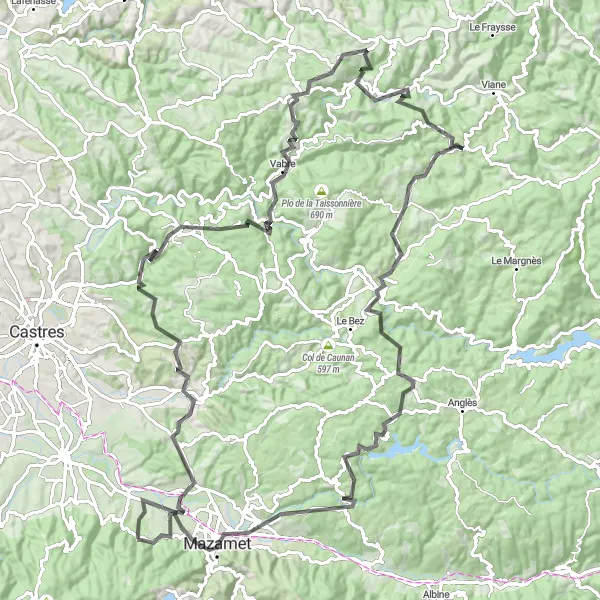 Miniature de la carte de l'inspiration cycliste "Les Vallées du Sidobre" dans la Midi-Pyrénées, France. Générée par le planificateur d'itinéraire cycliste Tarmacs.app