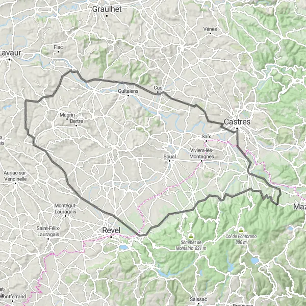Zemljevid v pomanjšavi "Pot od Aiguefonde do Labruguière" kolesarske inspiracije v Midi-Pyrénées, France. Generirano z načrtovalcem kolesarskih poti Tarmacs.app