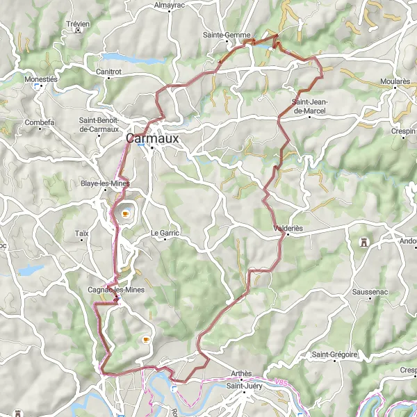 Miniature de la carte de l'inspiration cycliste "Exploration Gravel à Lescure-d'Albigeois" dans la Midi-Pyrénées, France. Générée par le planificateur d'itinéraire cycliste Tarmacs.app