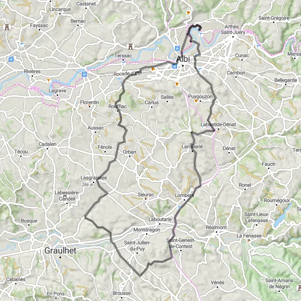 Miniaturní mapa "Okruh kolem Albi a Labastide-Dénat" inspirace pro cyklisty v oblasti Midi-Pyrénées, France. Vytvořeno pomocí plánovače tras Tarmacs.app