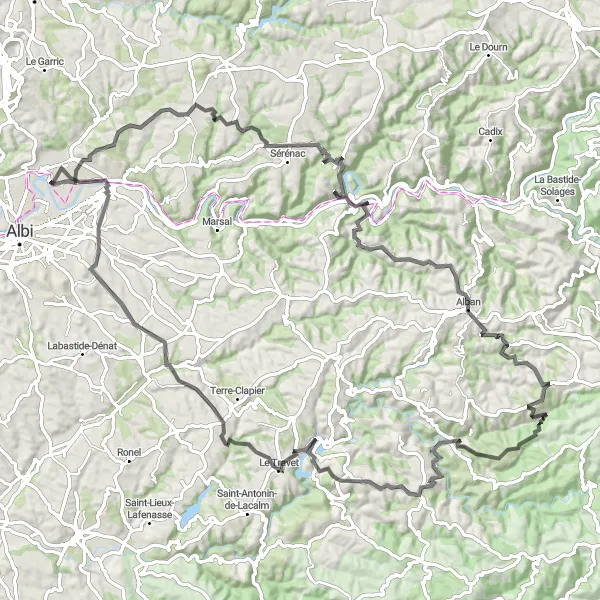 Miniature de la carte de l'inspiration cycliste "Tour des Vallées Tarnaises" dans la Midi-Pyrénées, France. Générée par le planificateur d'itinéraire cycliste Tarmacs.app