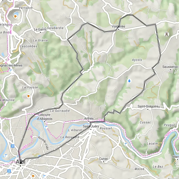 Kartminiatyr av "Kortare väg med historiska sevärdheter" cykelinspiration i Midi-Pyrénées, France. Genererad av Tarmacs.app cykelruttplanerare