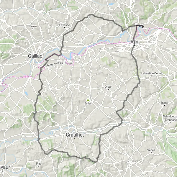 Miniature de la carte de l'inspiration cycliste "Parcours à vélo Albi - Lamillarié - Laboutarie - Briatexte - Rivières - Lescure-d'Albigeois" dans la Midi-Pyrénées, France. Générée par le planificateur d'itinéraire cycliste Tarmacs.app