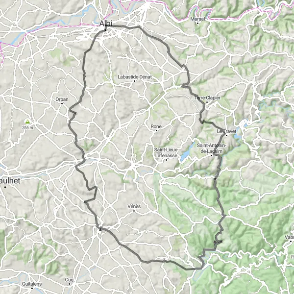 Miniaturní mapa "Náročná trasa kolem Albi" inspirace pro cyklisty v oblasti Midi-Pyrénées, France. Vytvořeno pomocí plánovače tras Tarmacs.app