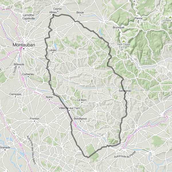 Map miniature of "Nègrepelisse to Villematier Loop" cycling inspiration in Midi-Pyrénées, France. Generated by Tarmacs.app cycling route planner